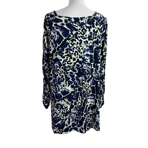 Fashion Bug Ruched Tunic Blouse 2X Stretchy Leopard Print Blue Neon Yellow White - Picture 3 of 12